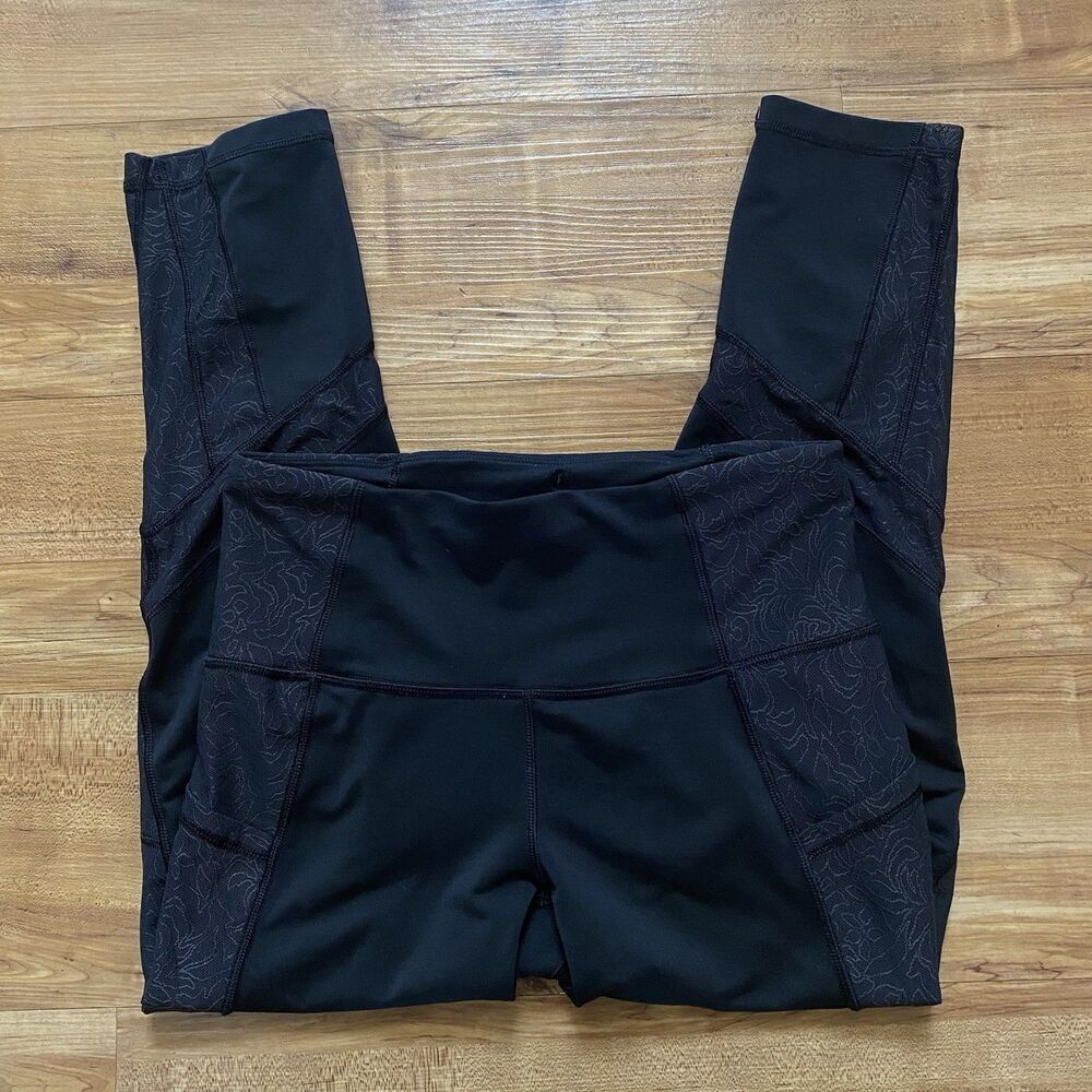 Ivivva Girl's 12 Black Capri Floral Mesh Lace Activewear Leggings Cropped Dance